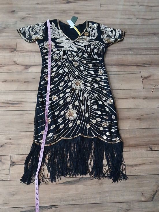 Black & Gold Art Deco Floral Cocktail Fringe V-Neck Beaded Dress New Large - Picture 13 of 16